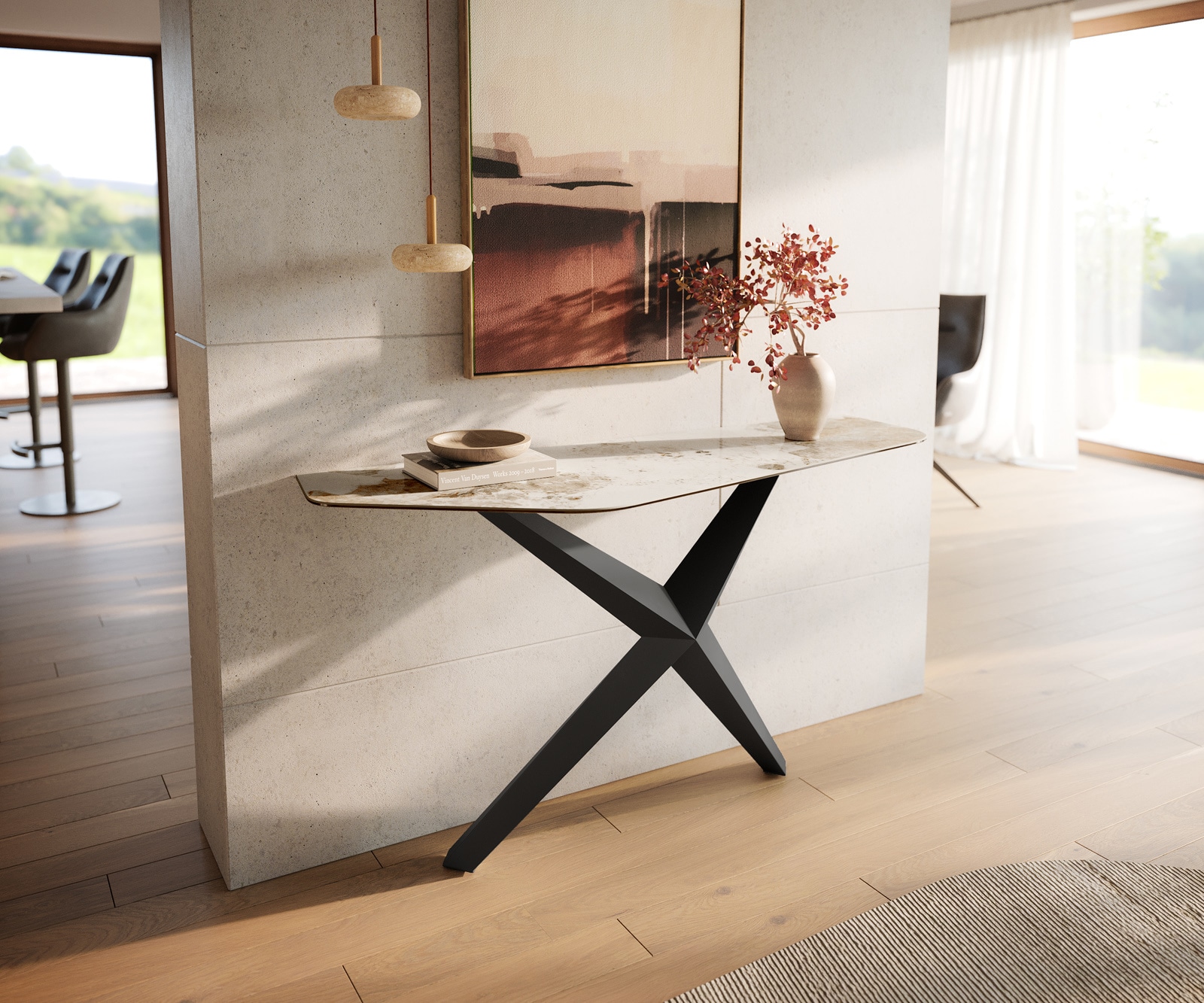 DELIFE Konsolentisch Edge Polygonal 140x50 cm Keramik Minas Melange Weiß-Beige Zentharo Metall Schwarz, Konsolentische