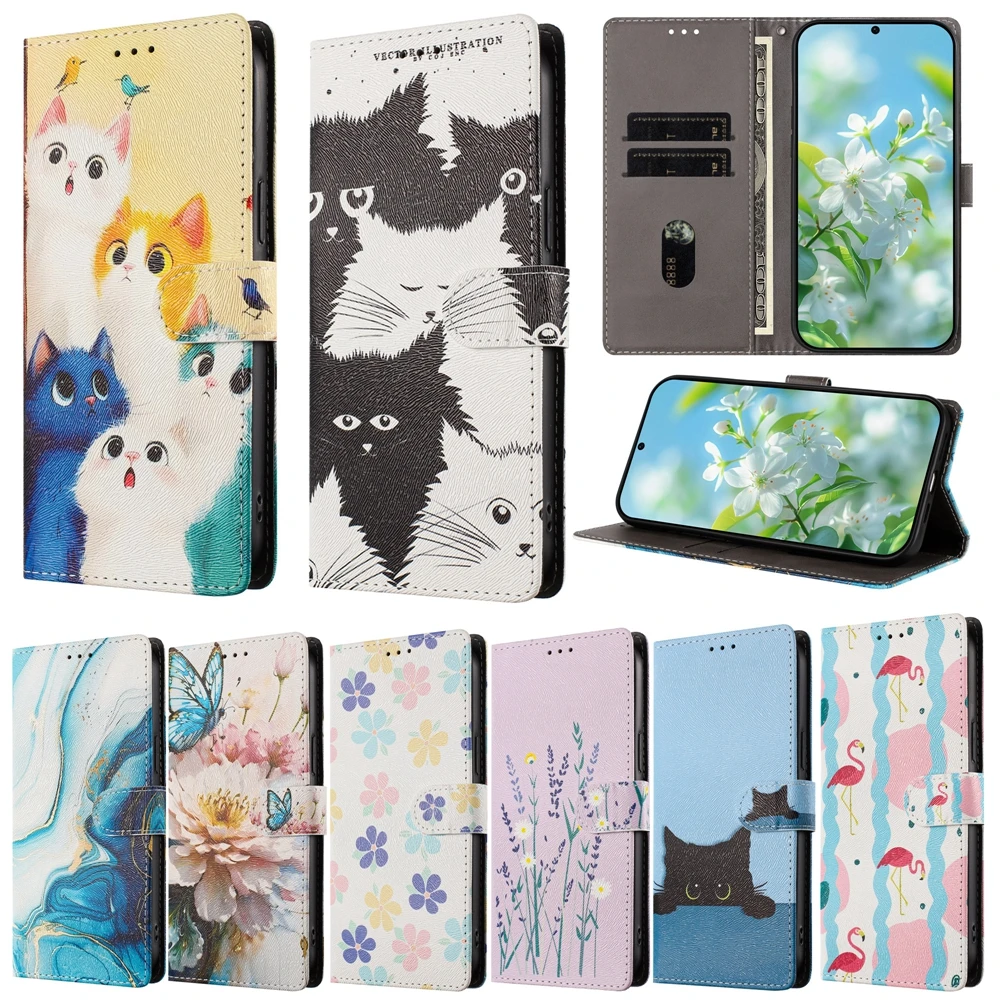 Für iPhone 17 16 15 14 13 12 11 Pro Max Nette Katze Blume Leder Telefon Fall für iPhone 17 Air 16E 15 Plus Fällen Flip-Cover Frauen