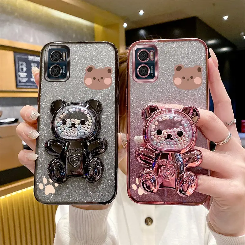 E7 E13 Glitter Bling Bär Telefon Halter Fall Auf Für Motorola Moto E7 Plus Power E13 E20 E22 E22i E32 EDGE 20 30 Stand Abdeckung