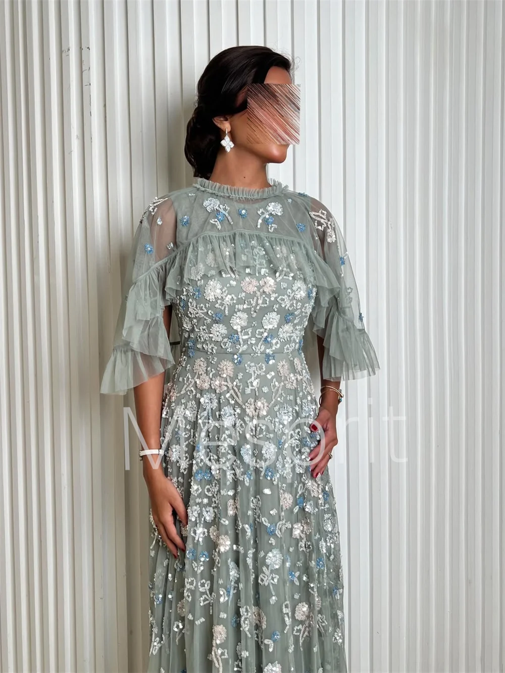 Customized Formal Tulle Pleat Sequined Lace A-line Jewel Long Bespoke Occasion Party Dresses Sparkle Exquisite
