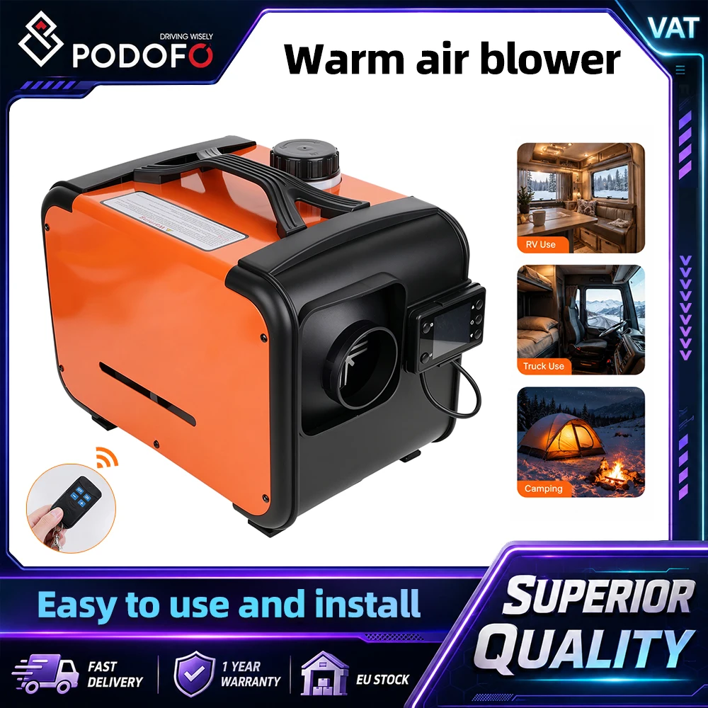 Podofo, chauffage à air diesel horizontal 12V 24V, chauffage de stationnement, chauffage pour véhicule, chauffage pour voiture, avec télécommande, écran LCD, chauffage rapide, chauffage sur pied,