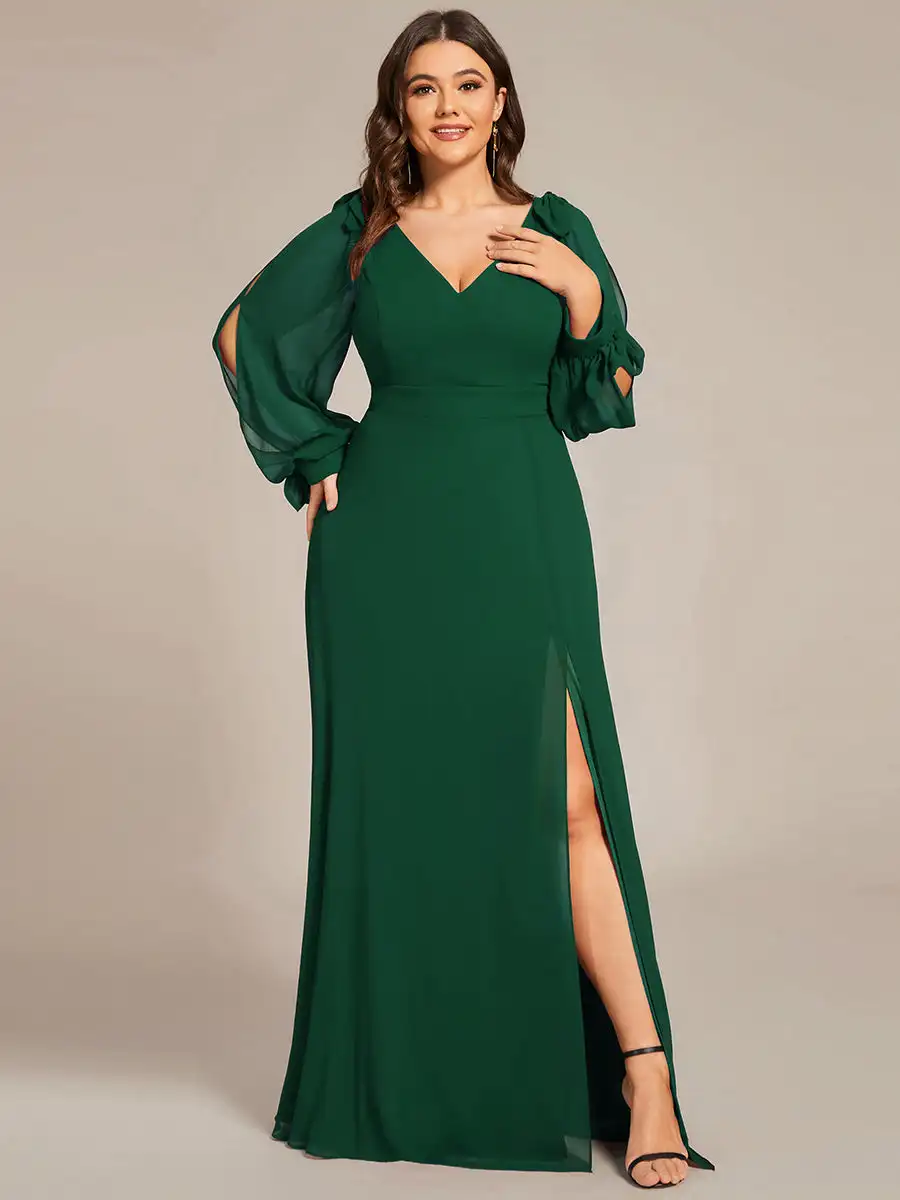 Plus Evening Dresses Long A-LINE V-Neck Full Sleeves Floor-Length Orchid Gown Ever Pretty of Dark Green Bridesmaid Dresses