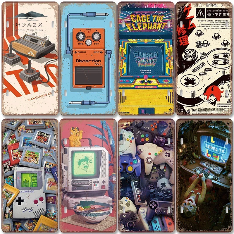 Vintage Gaming Metal Sign Retro Game Boy Console TV 8-Bit Pixel Art Distortion Pedal Arcade Video Game Controller Tin Wall Art f