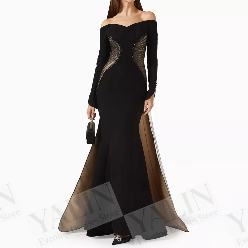 Women's A-line Evening Dresses Floor-length Off The Shoulder Full Sleeve Prom Dresses Fashion Sequined Draped Customized Gowns