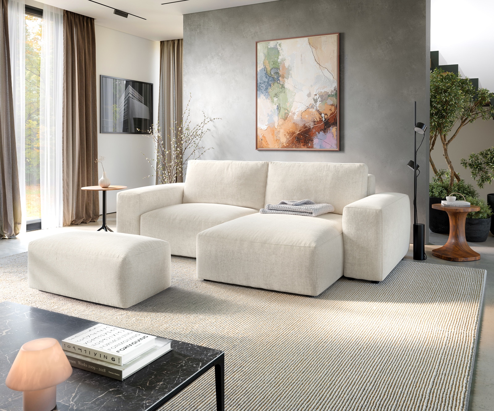 DELIFE Ecksofa Lanzo 230x155 cm Strukturstoff Soft Beige Recamiere variabel mit Hocker, Ecksofas