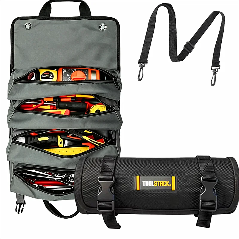 Sac à outils TOOLSTACK, organisateur de sac à outils, sac de rangement polyvalent pour outils, sac à outils robuste à enrouler avec plusieurs poches, pochette pour outils de quincaillerie.