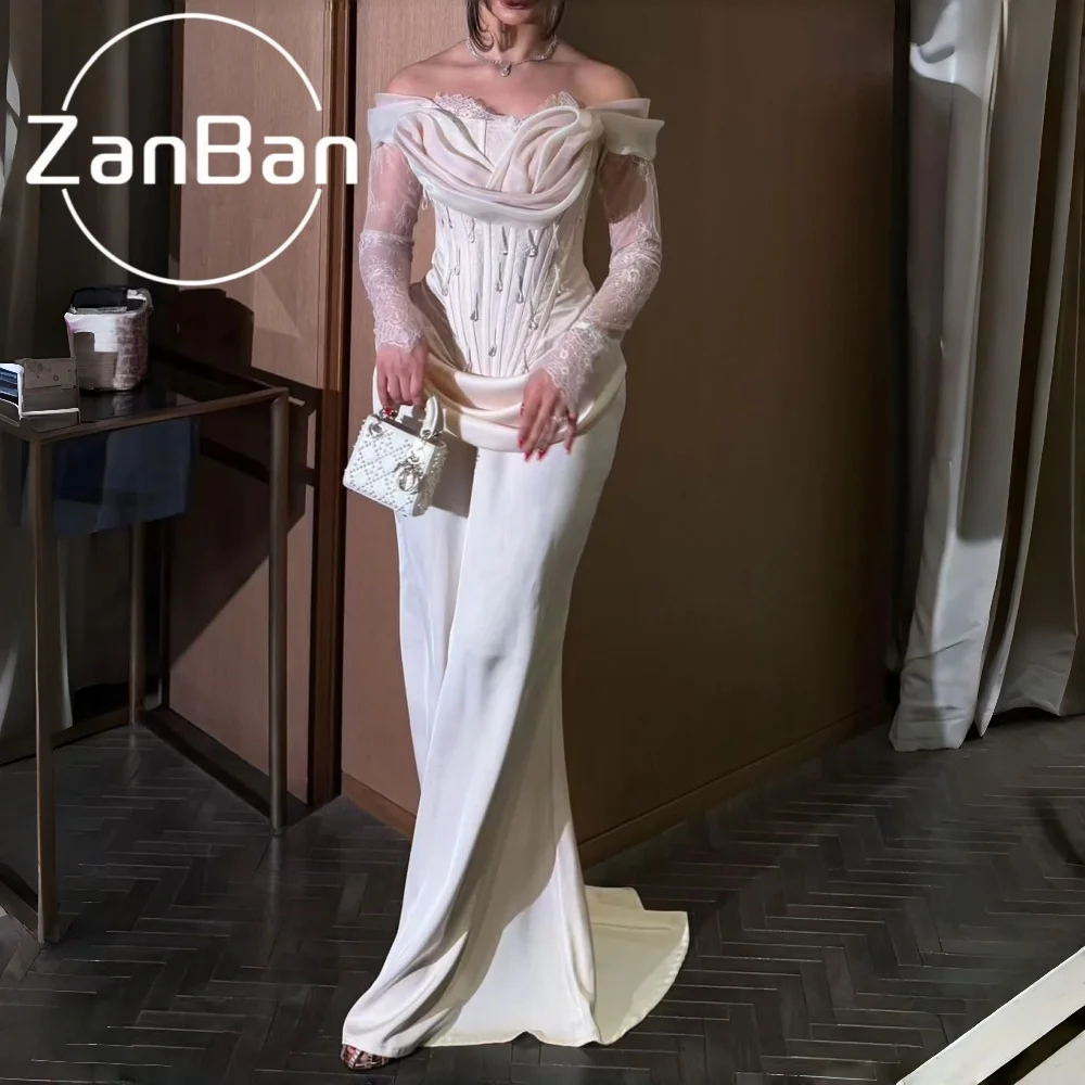 ZanBan Elegant Evening Dress Off Shoulder Full Sleeve 2026 Lace Party Dress Pleated Beaded Women's Formal Prom Dress فساتين سهره
