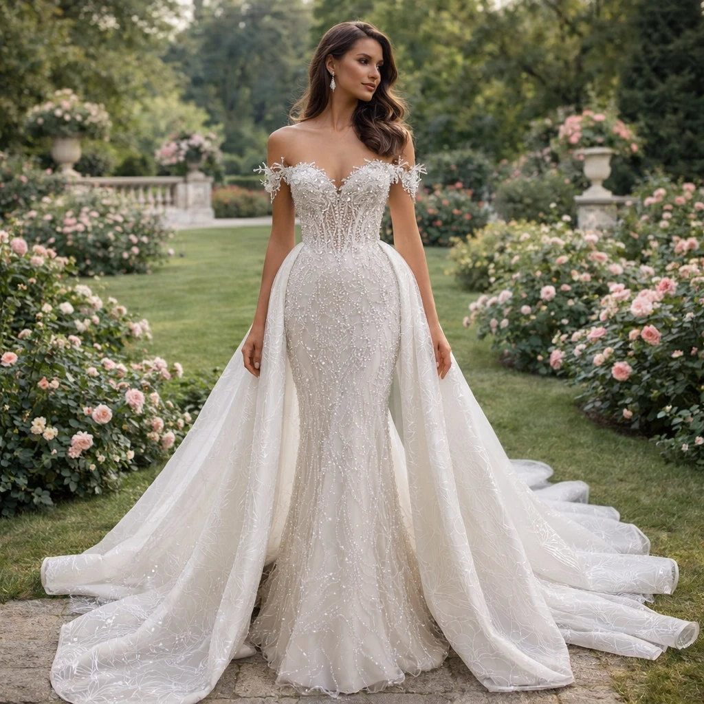 Customized Luxurious Mermaid Wedding Dresses Strapless Beaded Lace 2 In 1 Detachable Overskirts Bridal Gown Vestido de novia
