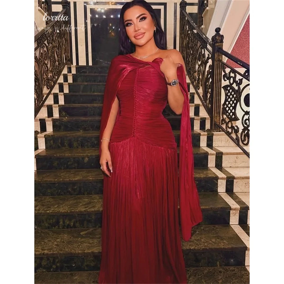 Lorrtta Burgundy Evening Dresses Straight Sweetheart Sleeveless Prom Dress Detachable Draped Cape Cut-Out Detail Long Customized