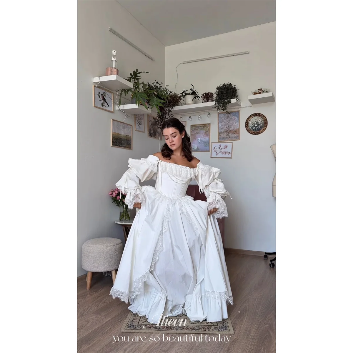 Aileen White Wedding Dress Ball Gown Off Shoulder Long Sleeve Corset Bodice Pearl Chain Detail Voluminous Lace Fit Customized