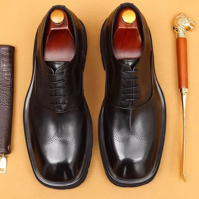 5cm Absatz, Hochwertige Schuhe mit Dicker Sohle zur Erhöhung der Körpergröße, Herrenschuhe mit Quadratischer Spitze, Schnür-Oxford-Schuhe aus Rindsleder, Elegante Herrenschuhe