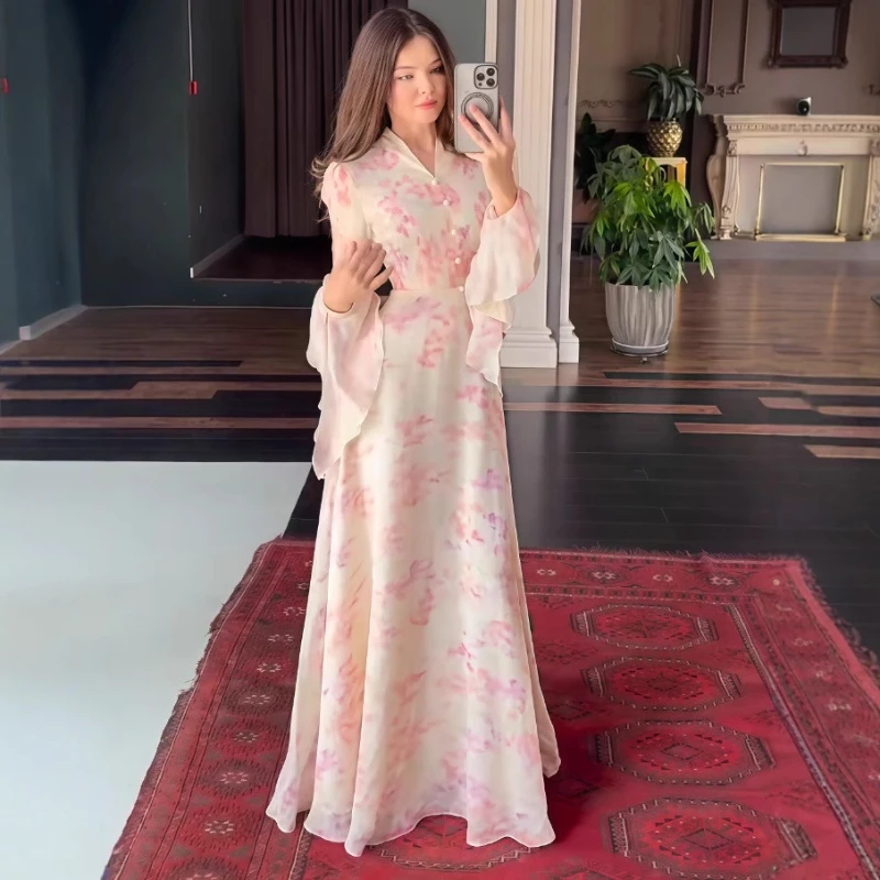 Long Dress Women Dresses Party Night Y2k Streetwear Floral Print A Line Vestidos V Neck Flare Sleeve Slim Fit Elegant Splice