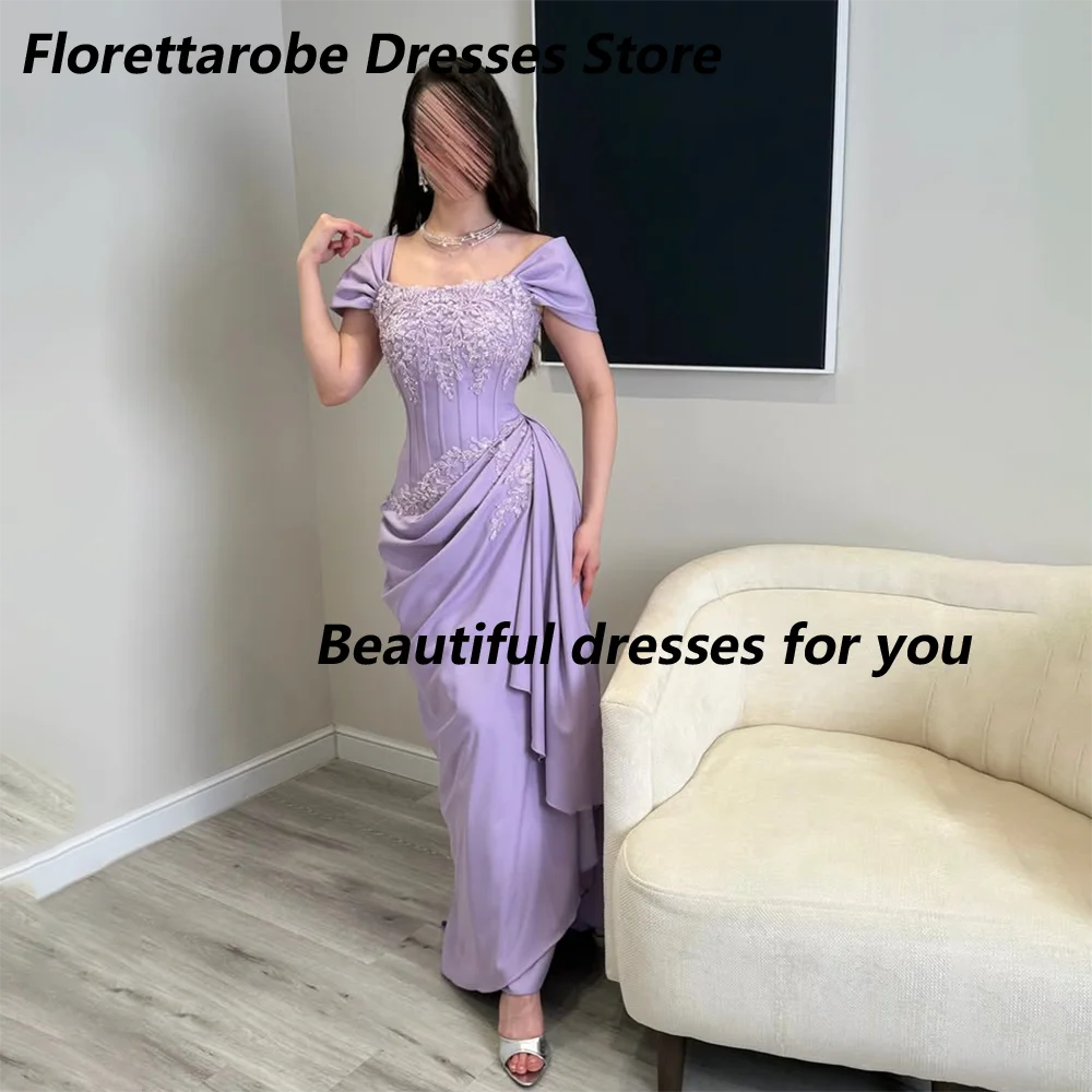 Lavender Evening Dresses Customized Off Shoulder Short Sleeve Lace Appliqued Mermaid Floor Length Formal Party Dress Prom Gown