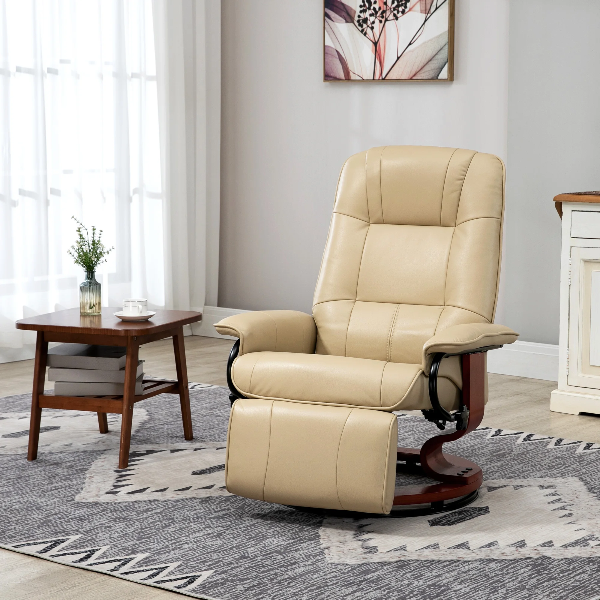 HOMCOM Relaxsessel mit Liegefunktion 360° Drehbar Fernsehsessel mit Verstellbar Rückenlehne, Fußstütze Ruhesessel mit Kunstleder, Holzfuß Liegesessel TV-Sessel für Wohnzimmer Schlafzimmer Cremeweiß\Braun\Grau\Schwarz