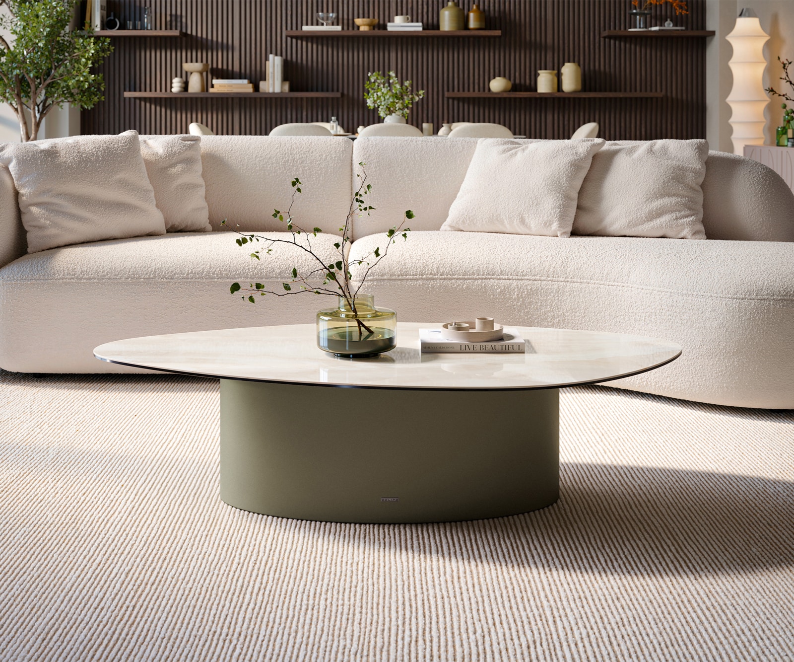 DELIFE Couchtisch Edge Organisch 140x76 cm Keramik Onyx Champagne Casilda Effektfinish Titan, Couchtische