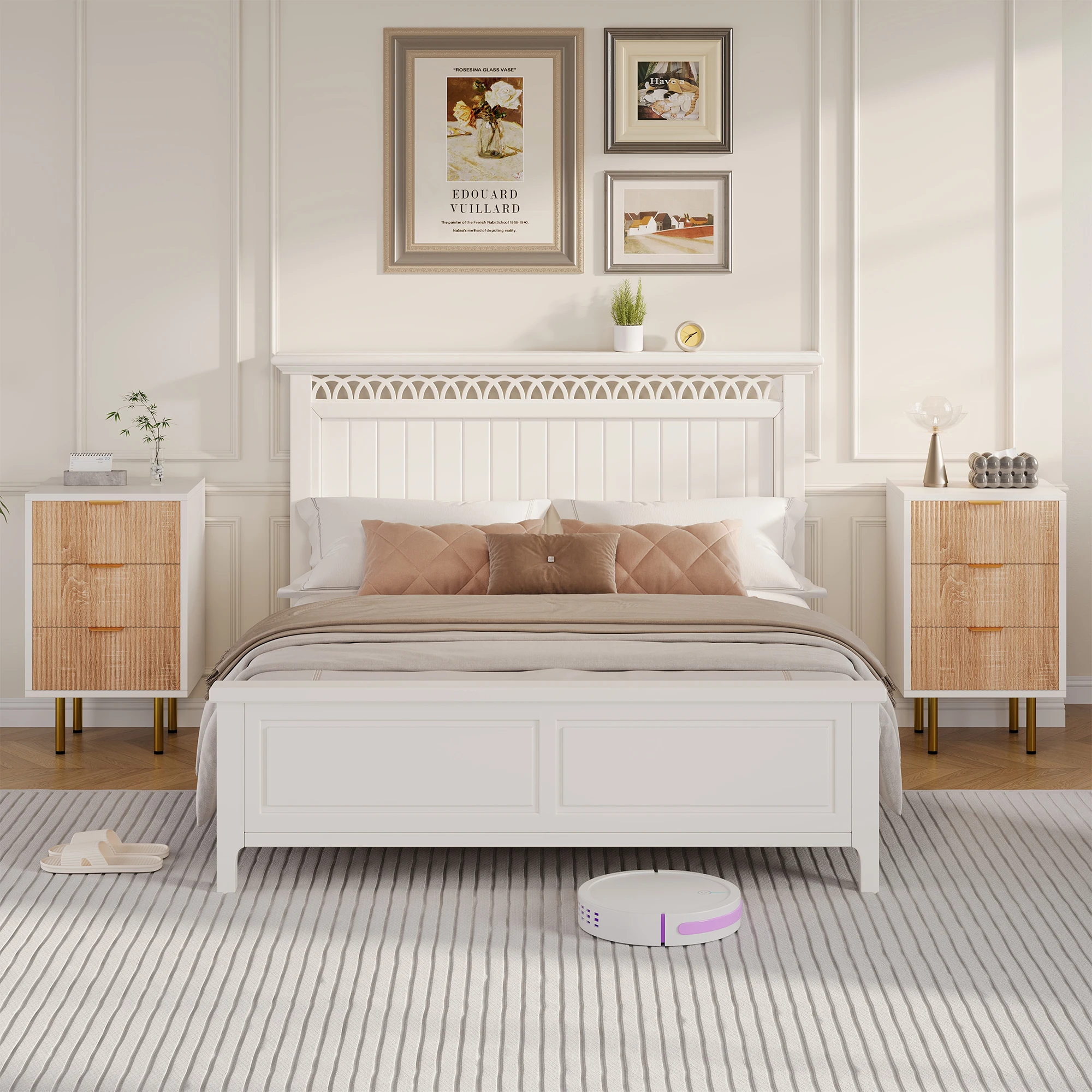 Fangange 2er-Set Nachttische, Weiß & Holzmaserung Nachttisch mit 3 Schubladen & Goldenen Metallbeinen, Moderner Beistelltisch für Schlafzimmer