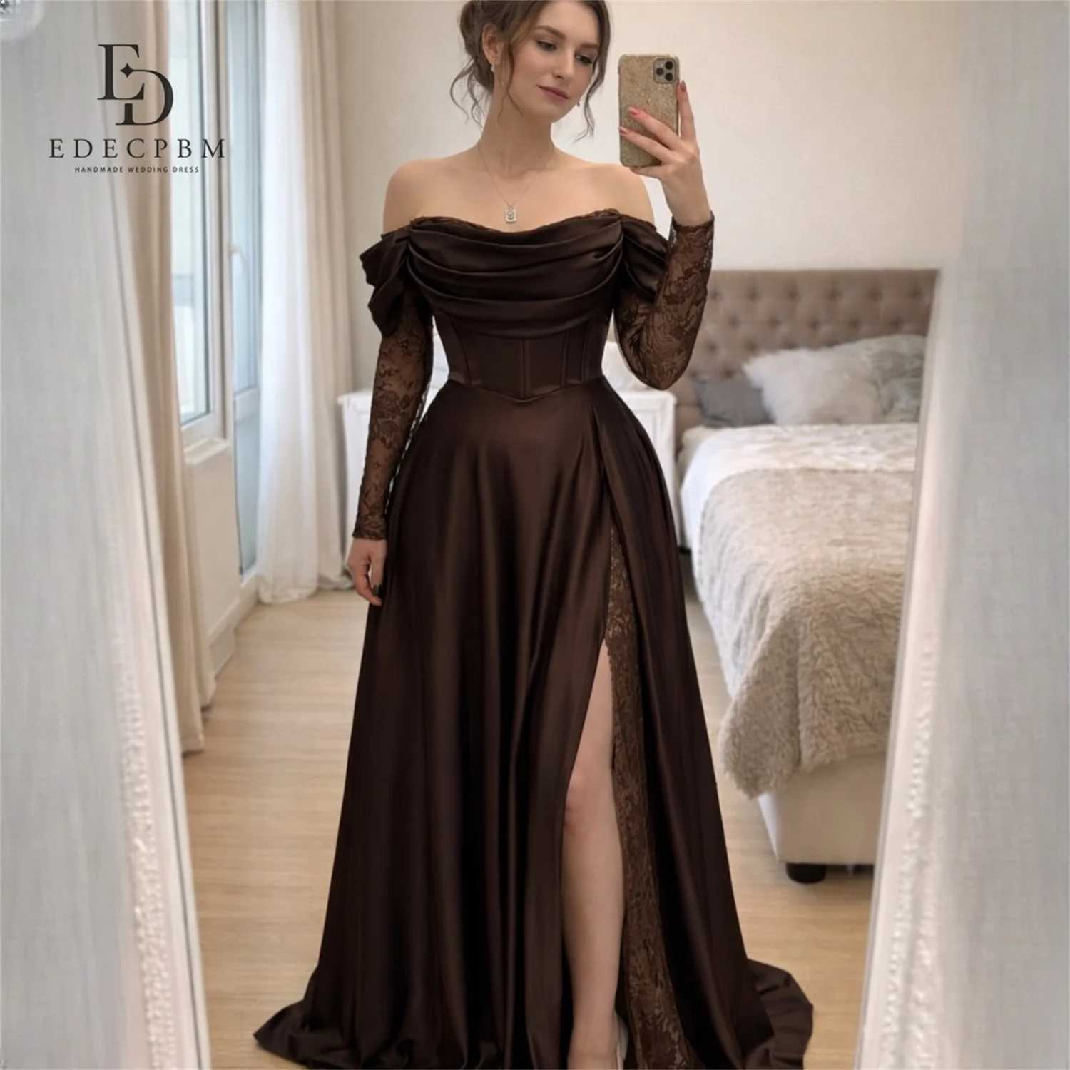 EDECPBM Satin Off The Shoulder Brown A-Line Evening Dress 2026 Full Floor-Length Prom Dress Formal Evening Customized Formal