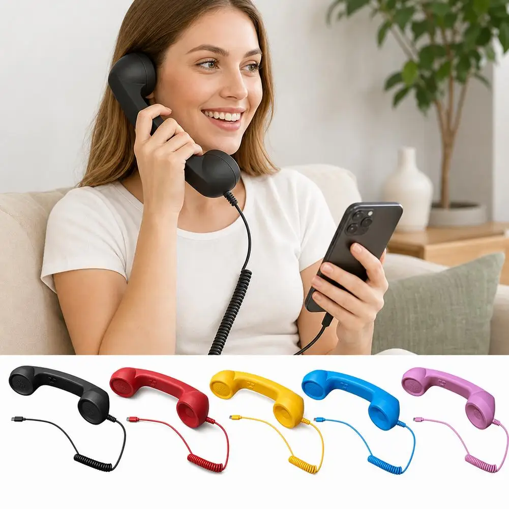 Retro Mobile Phone Handset Headphone Type-C Tangle Free Wire Landline Handle Receiver Telephone Style Handheld Phone Receiver