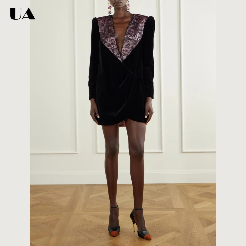 ULBYANRY Elegant Velvet V-neck Formal Dress Exquisite Lace-detailed Mini Dresses for Women Customized Long Sleeve Prom Dress