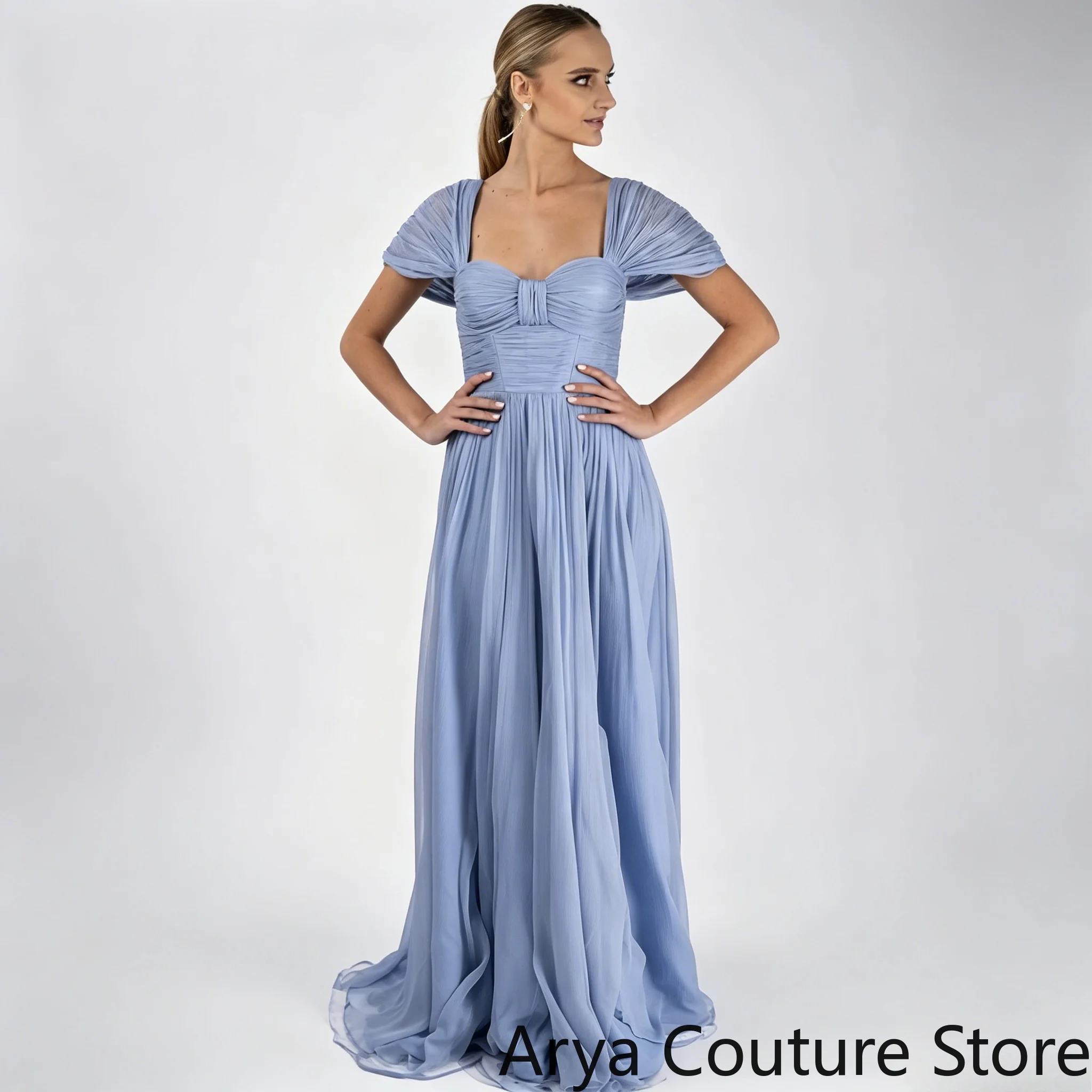 Customized Elegant Dusty Blue Square Neck Evening Dress Puff Short Sleeve Ruched Bodice Flowy Chiffon Maxi Skirt Formal Gown