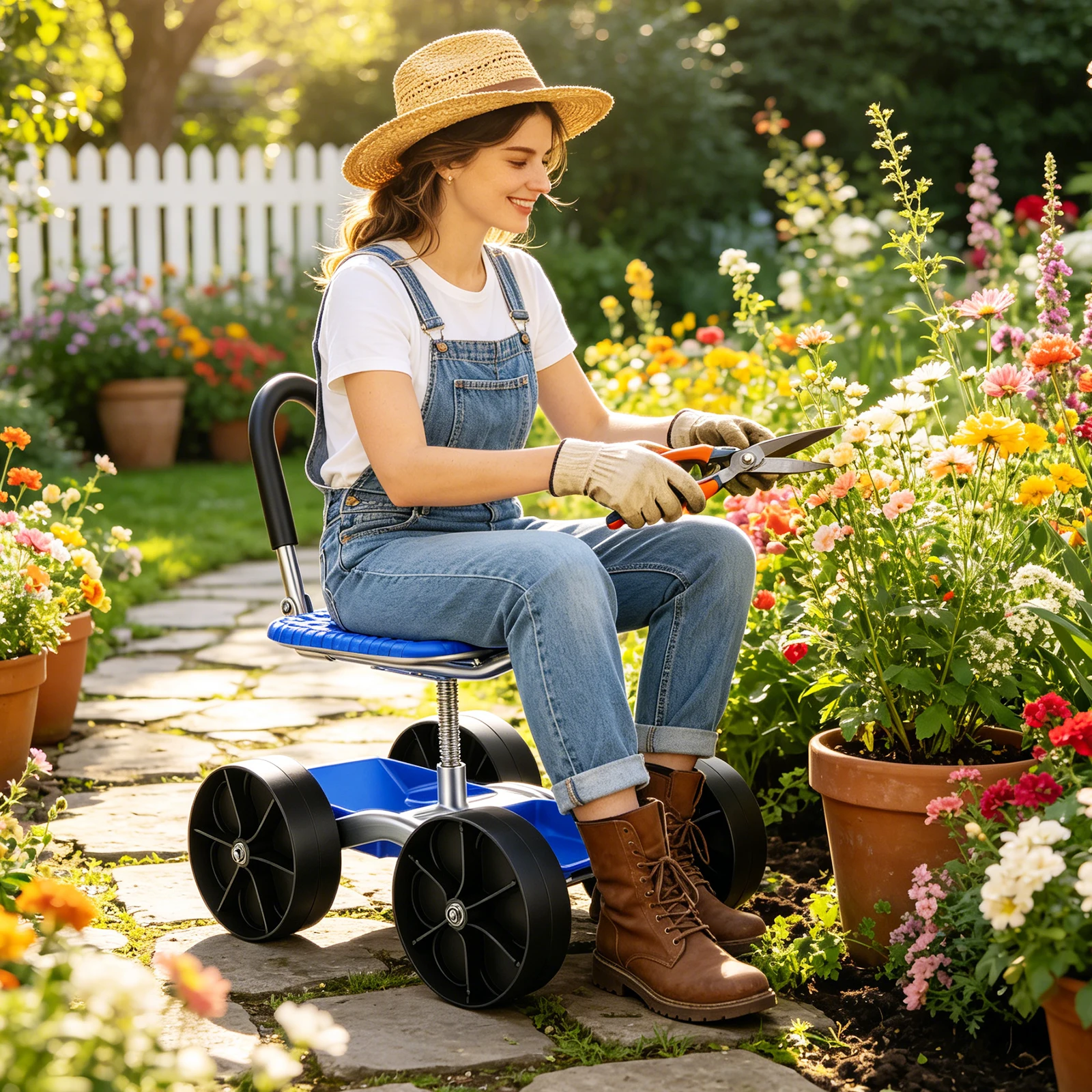 Chariot de jardin roulant avec siège de travail et roues, siège de jardin roulant, 360 ° Tabouret de jardin pivotant et réglable en hauteur, chariot de jardin roulant avec poignée et compartiment de rangement, pour travaux de jardinage.