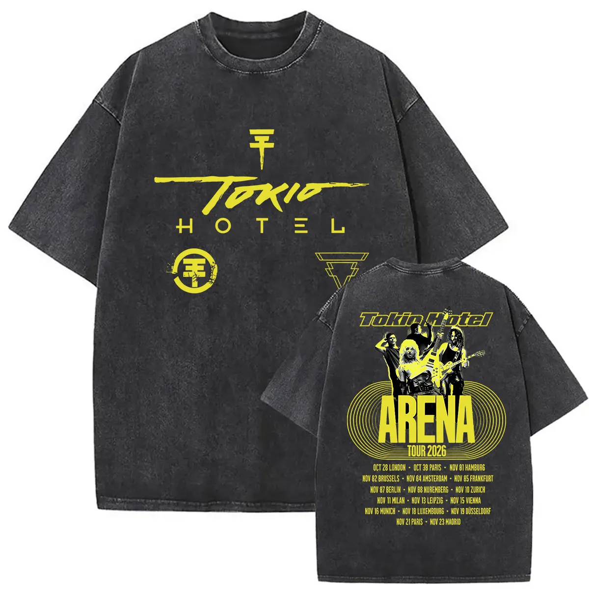 Vintage Washed Tokio Hotel Band Arena Tour 2026 Merch T-Shirt Herren Rock Hip Hop Pop Musik Locker Geschnittenes Kurzarm-T-Shirt Streetwear