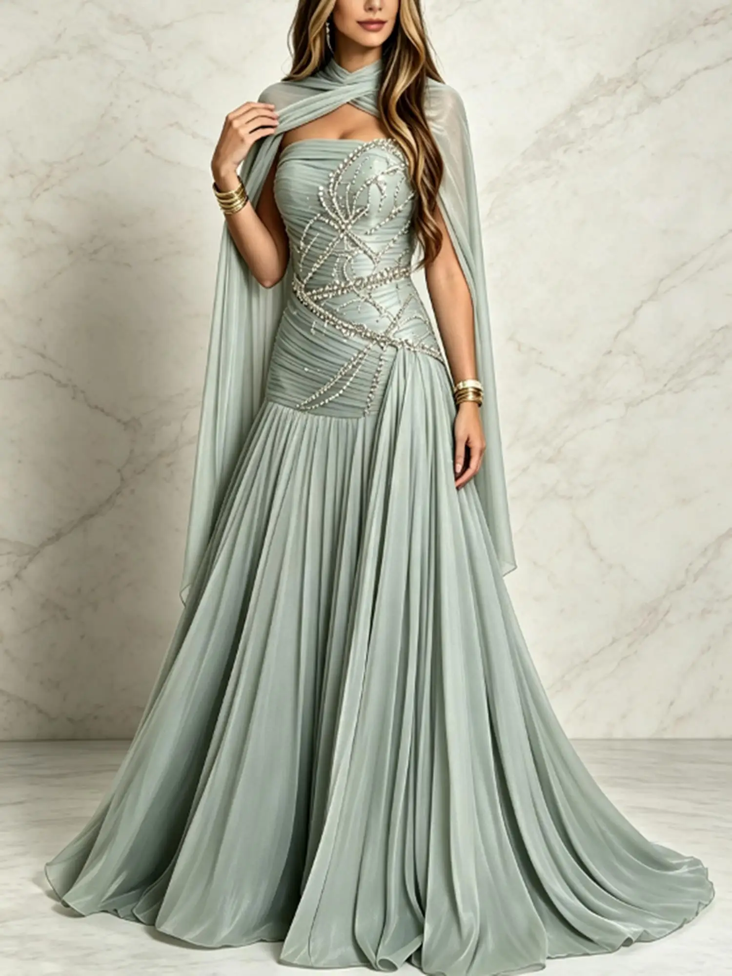 Customized Green Chiffon Pleat Luxury Beading Rhinestone A-line Strapless Shawl Long Dresses Evening Dresses For Wedding Party