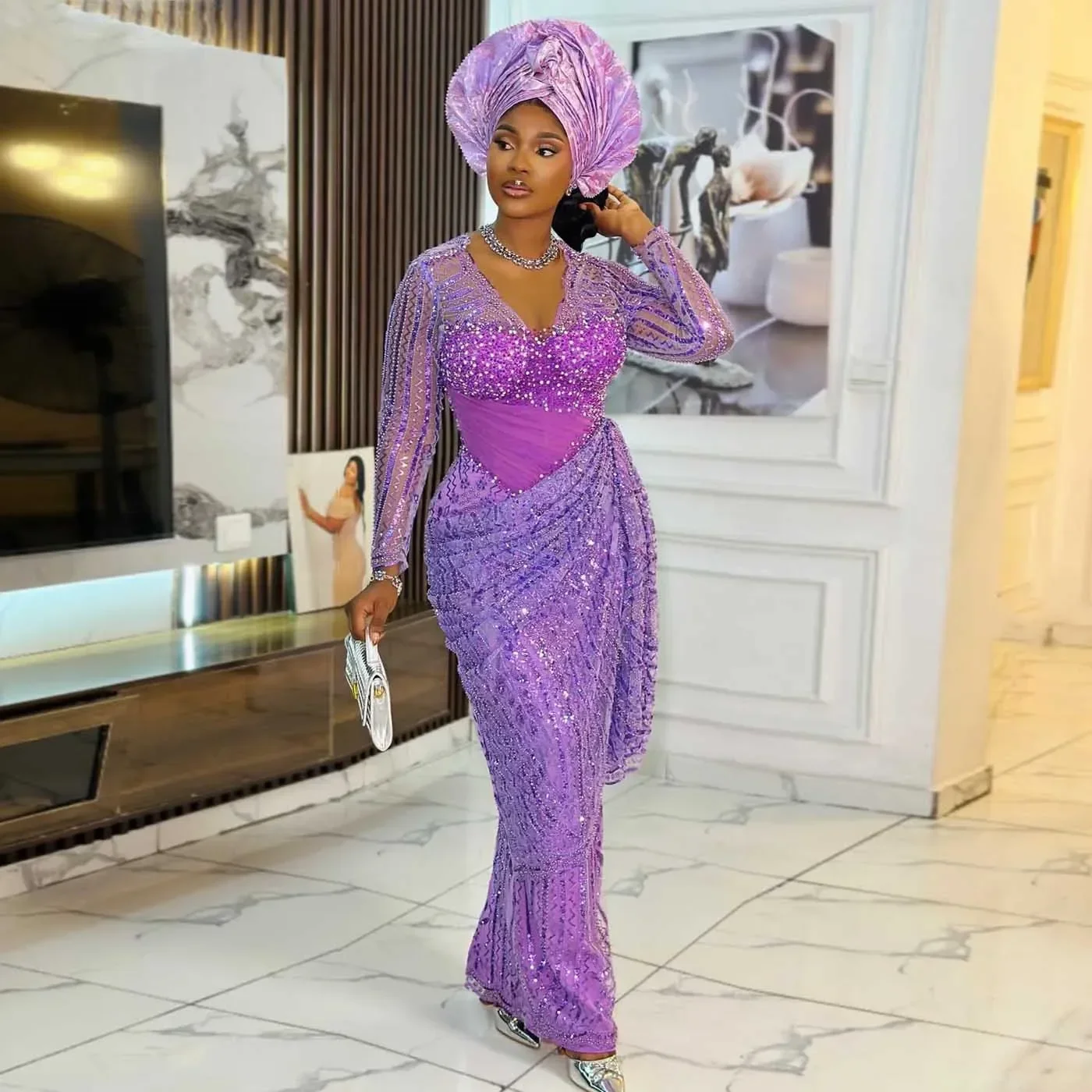Aso Ebi Formal Party Dresses Custom Luxury Beading African Traditional Bridal Dress Nigerian Purple Beaded Lace Birthday Dress