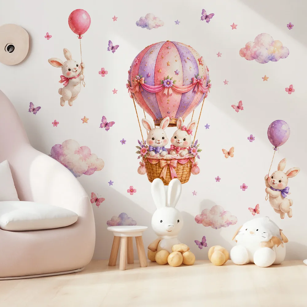 Niedliche Cartoon-Hasen-Ballon-Tier-Wandaufkleber, abnehmbar, für Kinderzimmer, Wohnzimmer, Kinderzimmer, Hintergrunddekoration, Wandtattoos