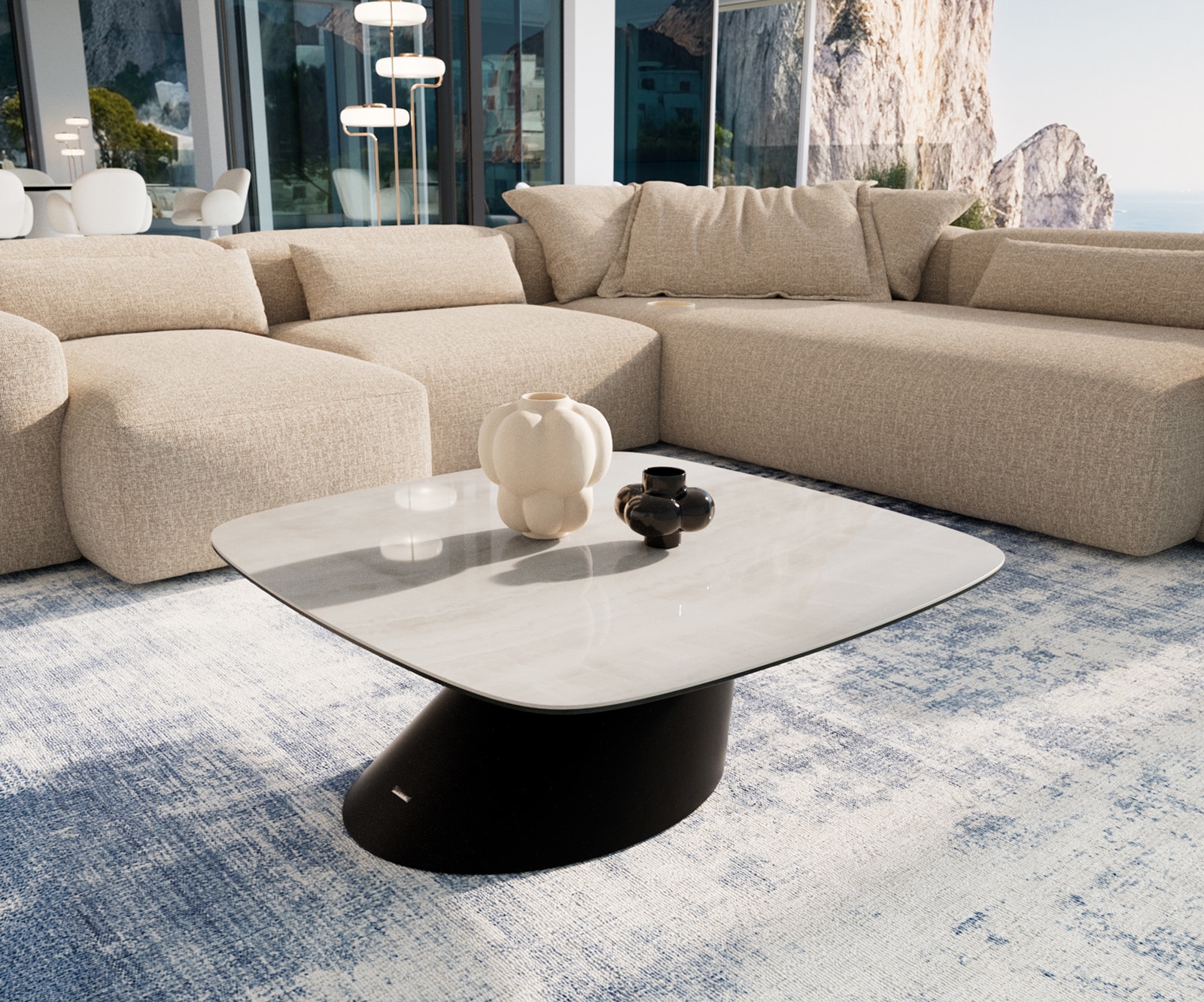 DELIFE Couchtisch Edge Boot 90x90 cm Keramik Onyx Champagne Conis Metall Schwarz, Couchtische