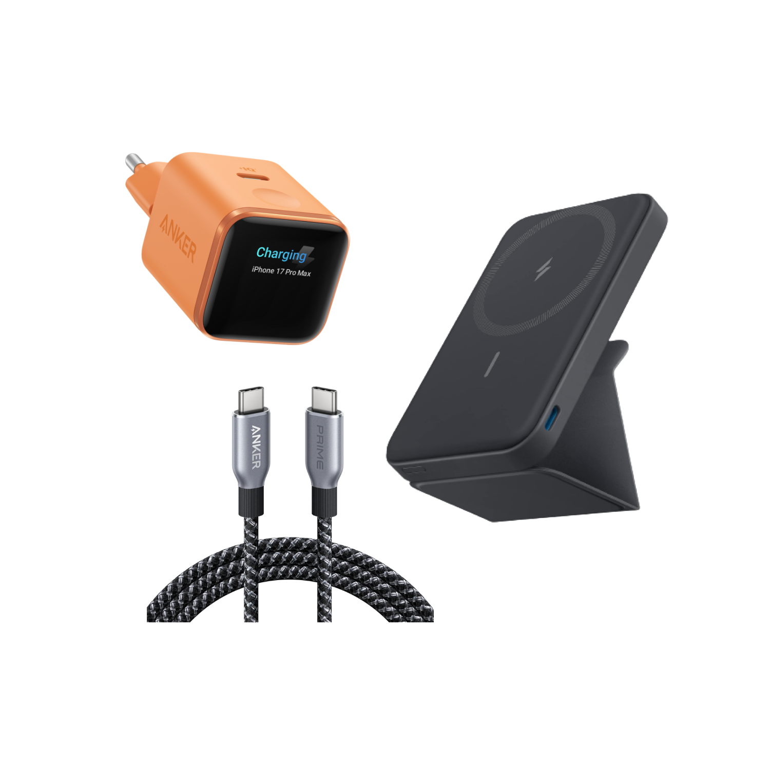 Anker Nano Ladegerät. (45W, Smart Display) mit Magnetische Kabellose Powerbank (MagGo) und Anker Prime USB-C auf USB-C Kabel (1,8m, 240W, Upcycled-Flechtdesign)
