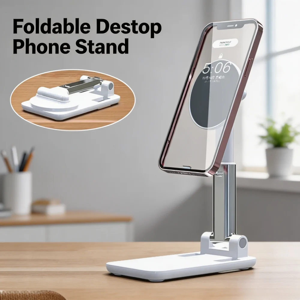 Foldable Desktop Phone Holder, Height & Angle Adjustable Cell Phone Stand, Portable Phone Dock for Smartphone Office & Home Use