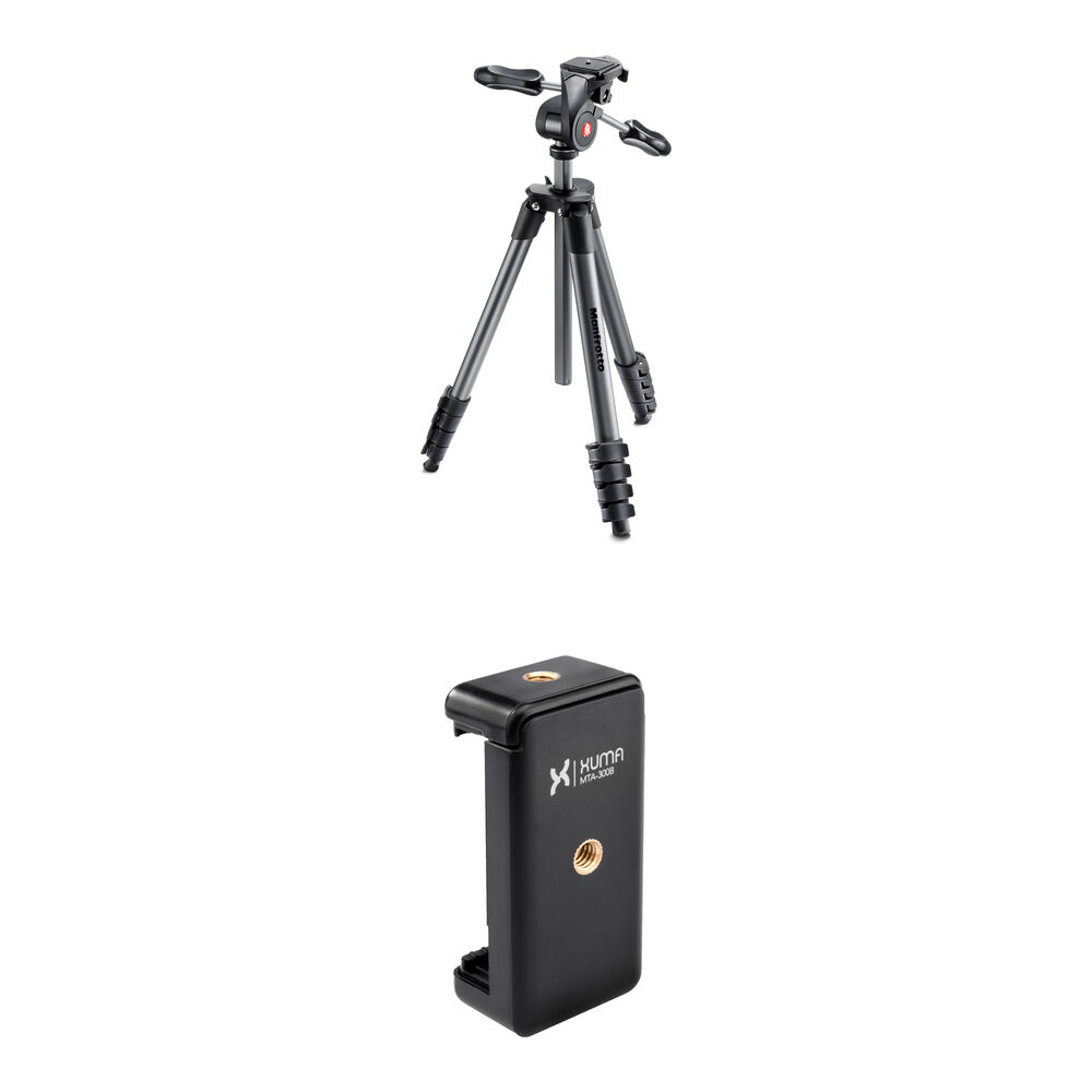 Manfrotto Compact Advanced Aluminum Tripod and Xuma Smartphone Mount Kit MKCOMPACTADV-BK