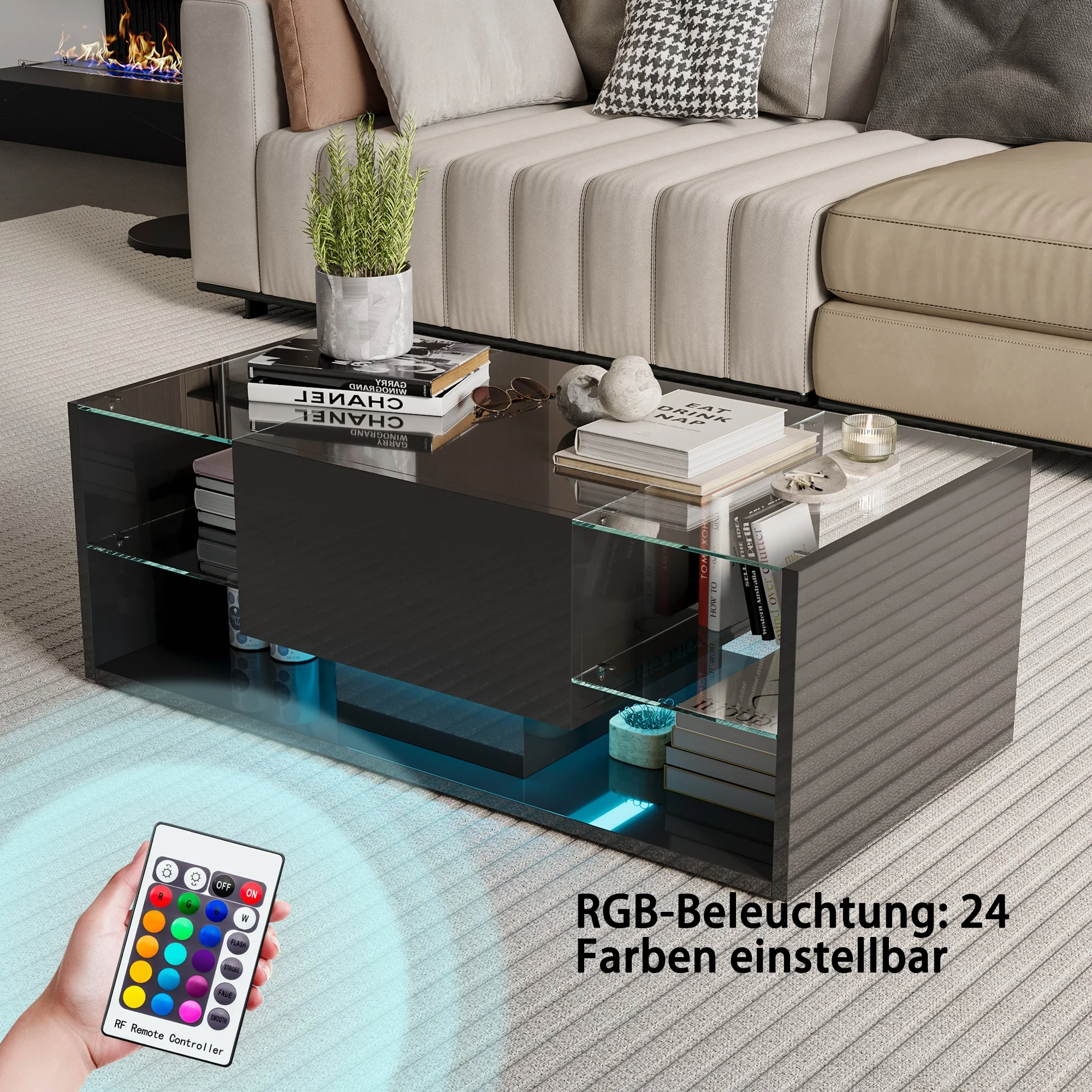 Anajqaqia, 100 cm × 50 cm × 35 cm Schwebender Couchtisch, Couchtisch für kleine Wohnungen, Hochkapazitäts-Wohnzimmer-Couchtisch, Unterhaltungs-Couchtisch für Zuhause, Glas-Couchtisch, Wohnzimmer-Mitteltisch, Schwarz