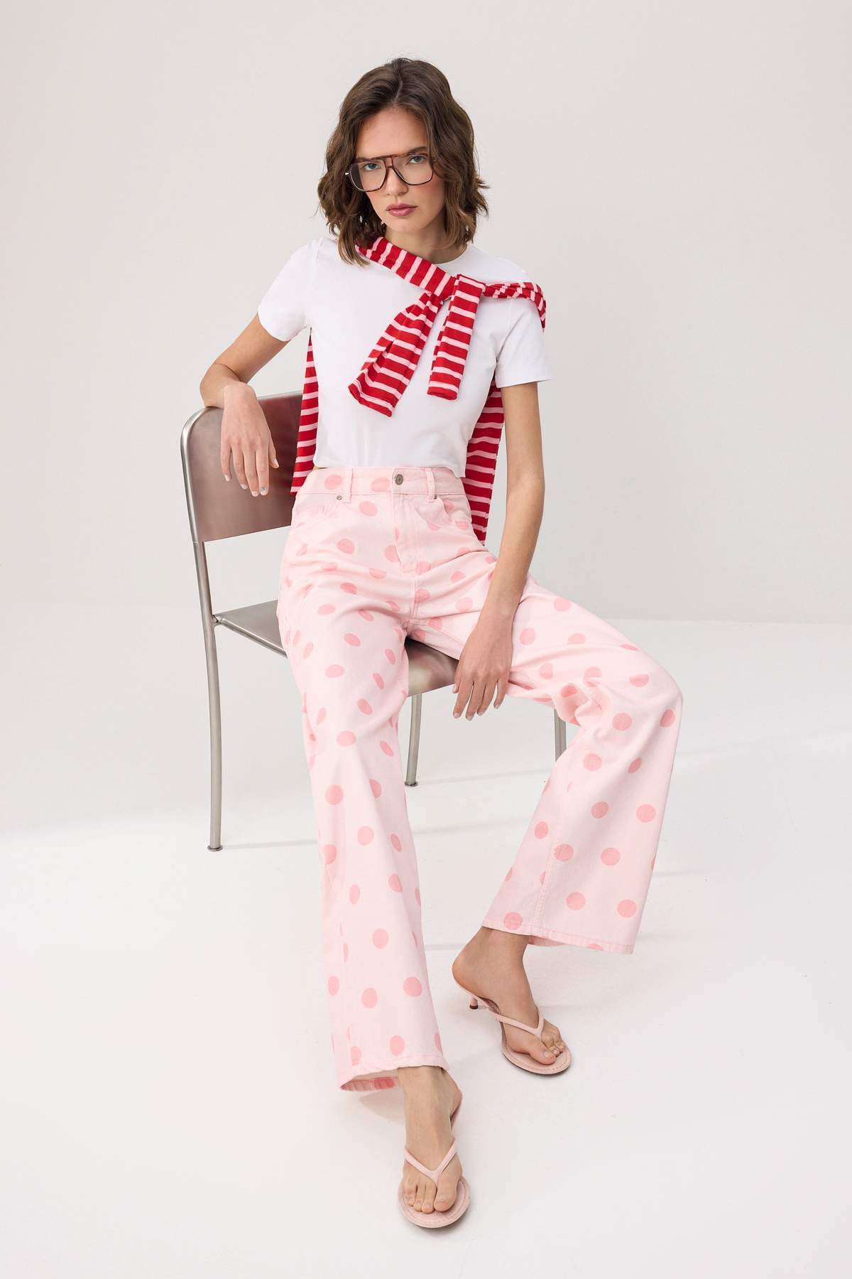 TRENDYOLMİLLA Damen Rosa Gepunktet Weites Bein Hohe Taille Jeans