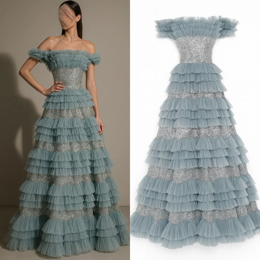 Customized Casual Intricate Tulle Pleat Tiered Sequined A-line Off-the-shoulder Long Dresses Bespoke Occasion Dresses Fashion