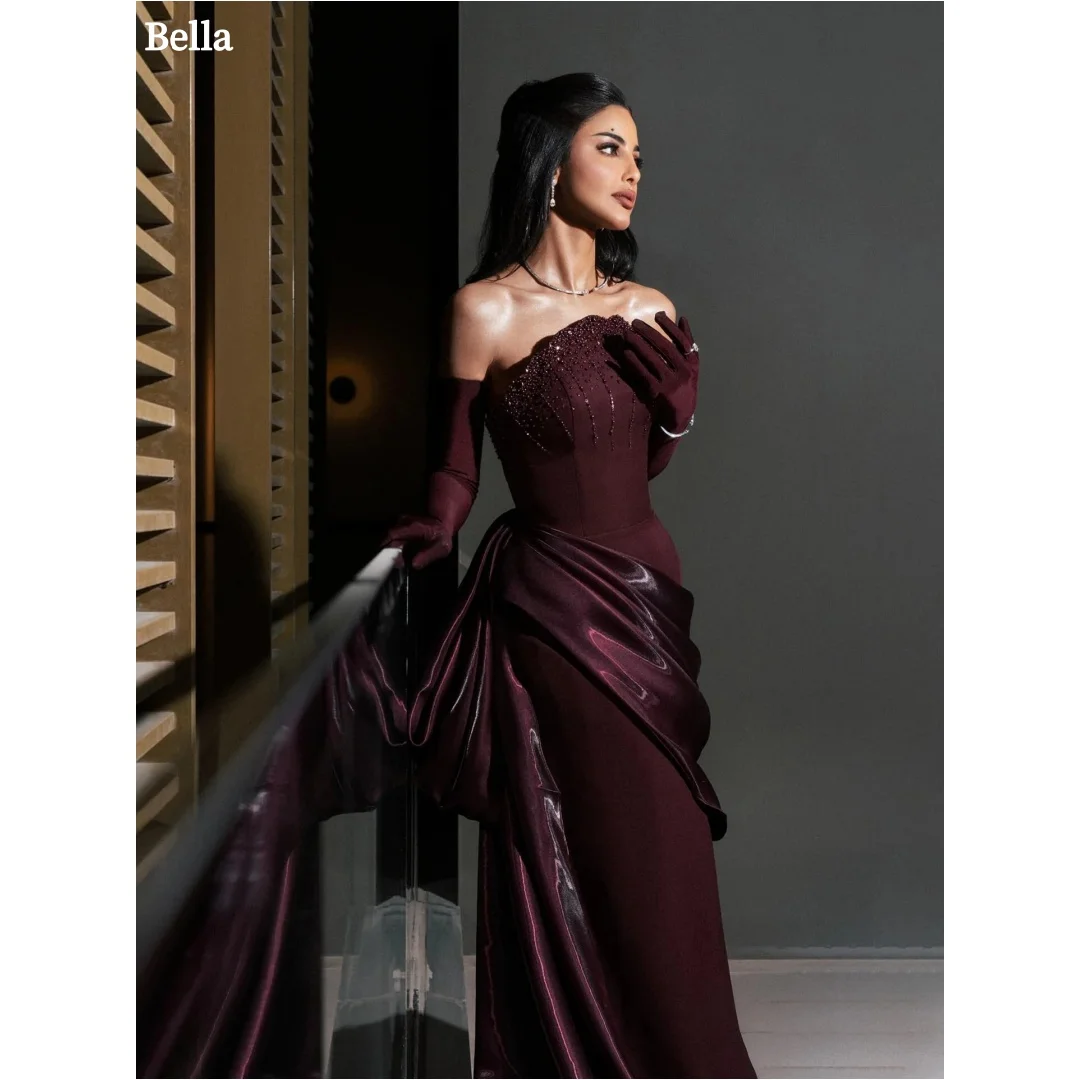 Bella Customized Burgundy Prom Dresses Strapless Mermaid vestidos de noche Beaded Corset Draped Side Train Formal Evenin