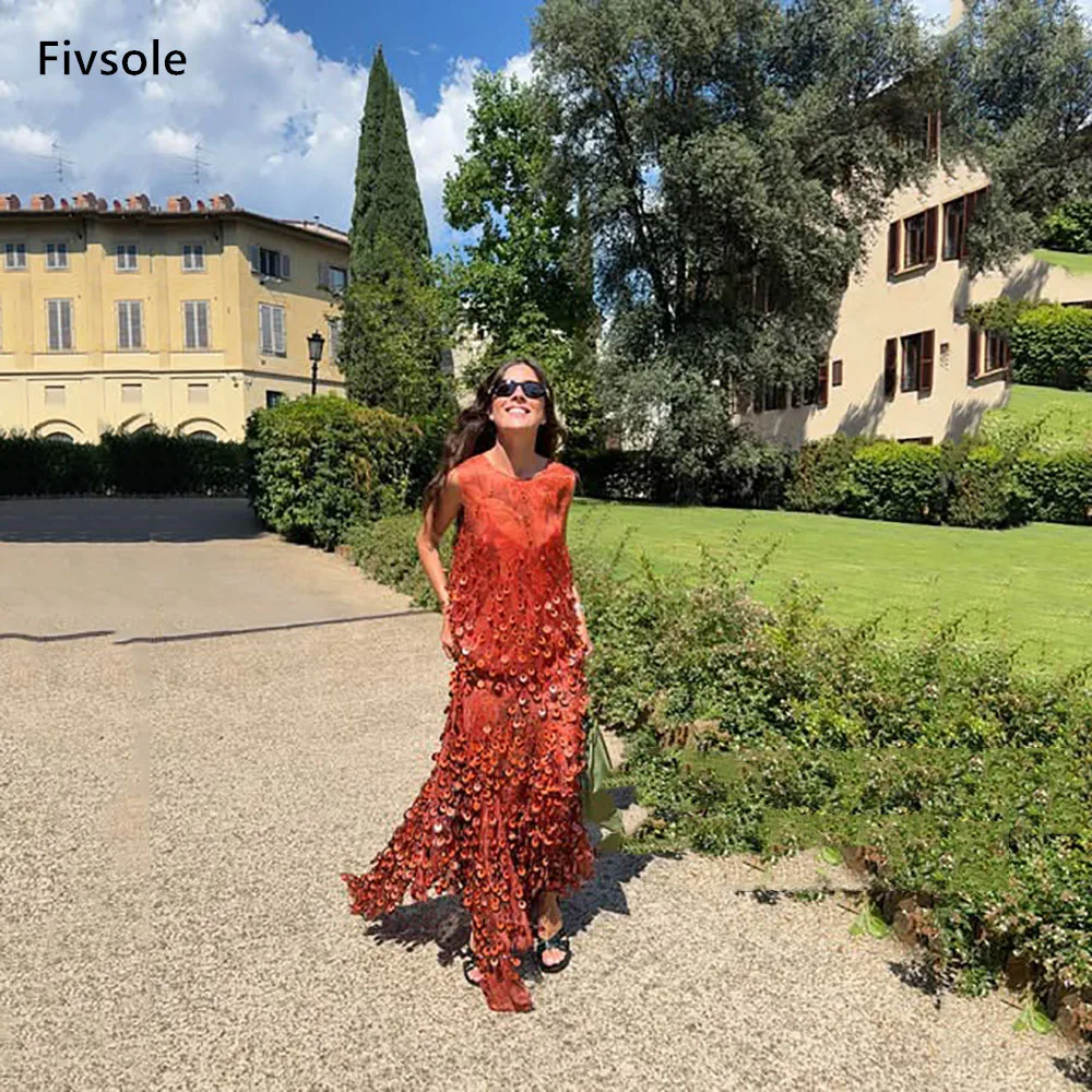 Fivsole Rust Orange A Line Evening Dress Round Neck Party Dresses 3D Floral Tulle Guest Gown 2026 Customized