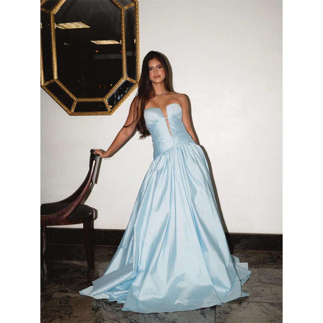 EDECPBM Satin Strapless Blue A-Line Evening Dress 2026 Prom Dress Formal Ladies Premium Beautiful Formal Evening Customized