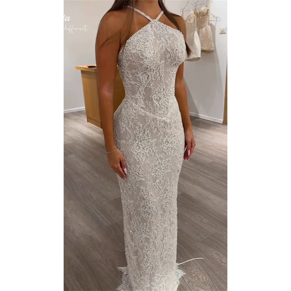 Lorrtta Ivory Wedding Dress Mermaid Halter Sleeveless Criss-Cross All-Over Beaded Silhouette Sheer Beading Custom Fit Customized