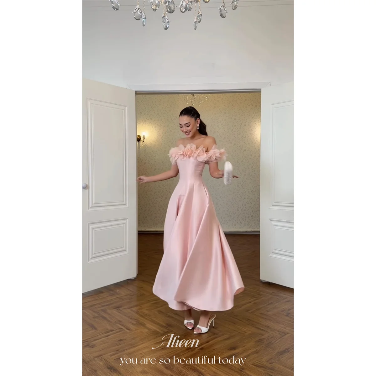 Aileen Pink Prom Dress A-Line Off Shoulder Flowers Evening Dresses Floor Length Party Event Special Occasion Long Fit Customized
