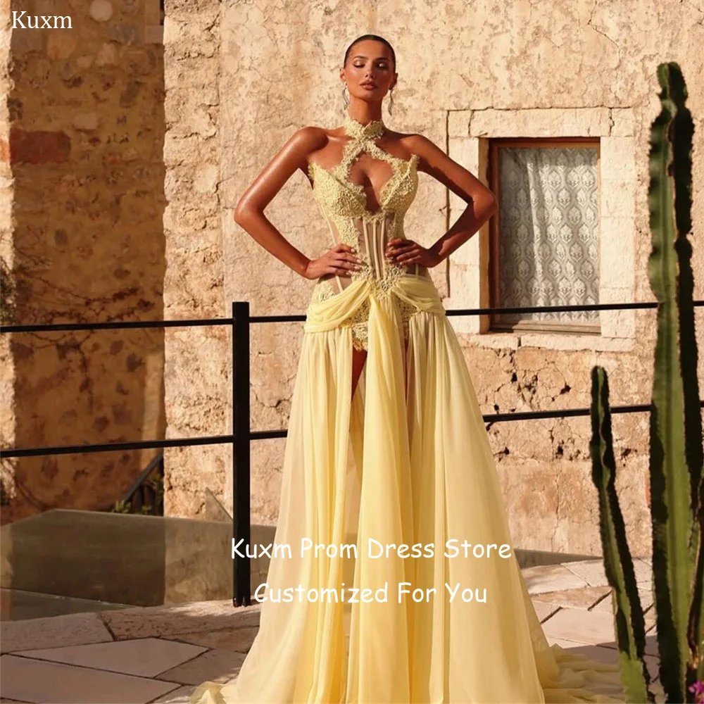 Kuxm Yellow Chiffon Fashion Evening Dresses A Line Halter Sleeveless Prom Gowns High Slit Appliques Floor Length Gown Customized