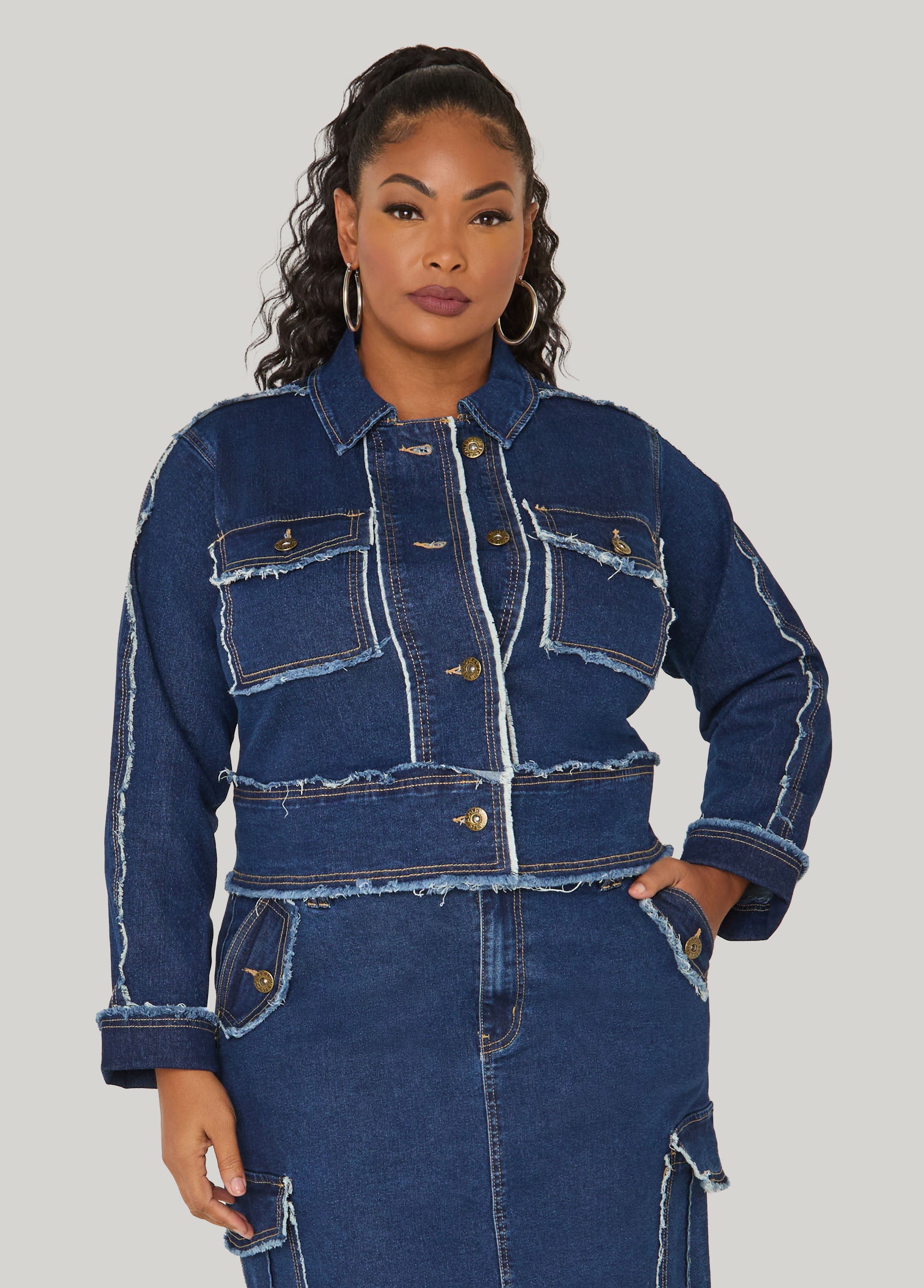 Plus Size Frayed Denim Jacket