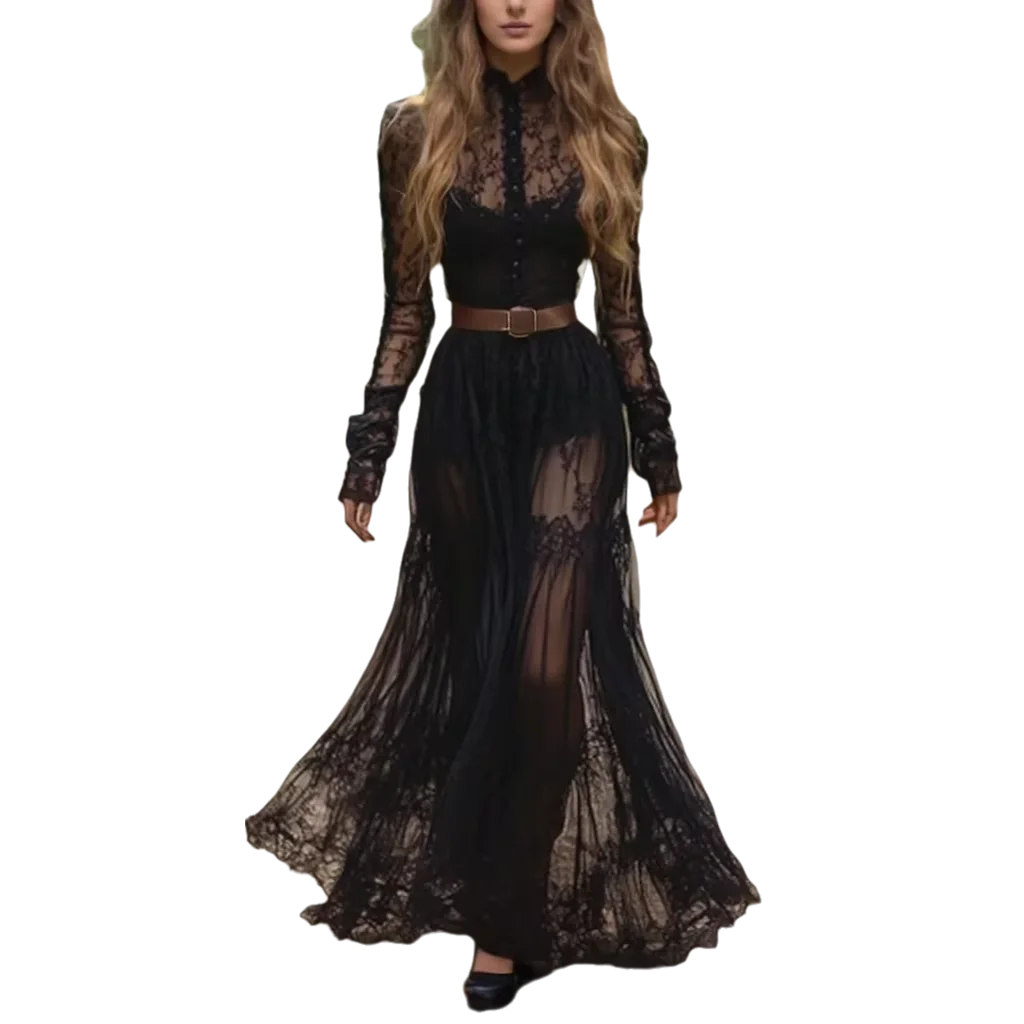 Gothic Black Lace Maxi Dress - Vintage Sheer Long Sleeve Prom Gown - Dark Romantic Boho Witchy Evening Dress