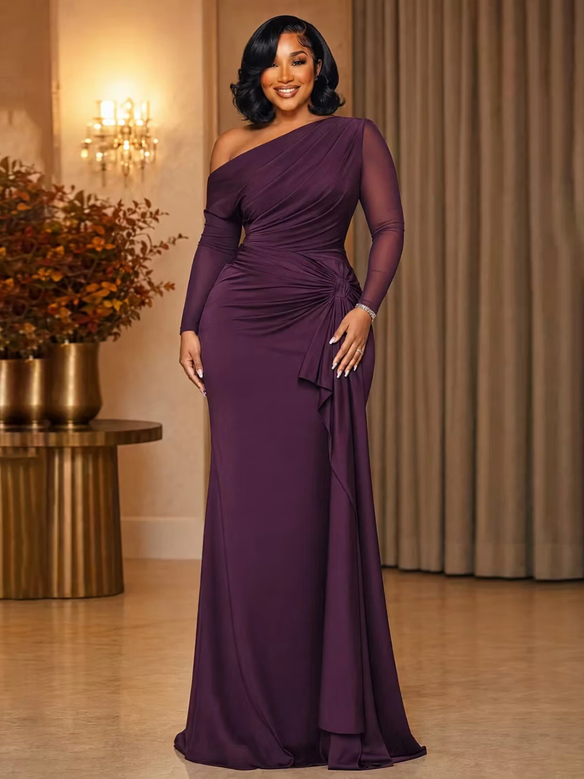 Plus Size Women One Shoulder Evening Dress Mesh Long Sleeve Mermaid Dress Ruched Waist Knot Formal Wedding Guest Party Chic Gown - Aliexpress UK