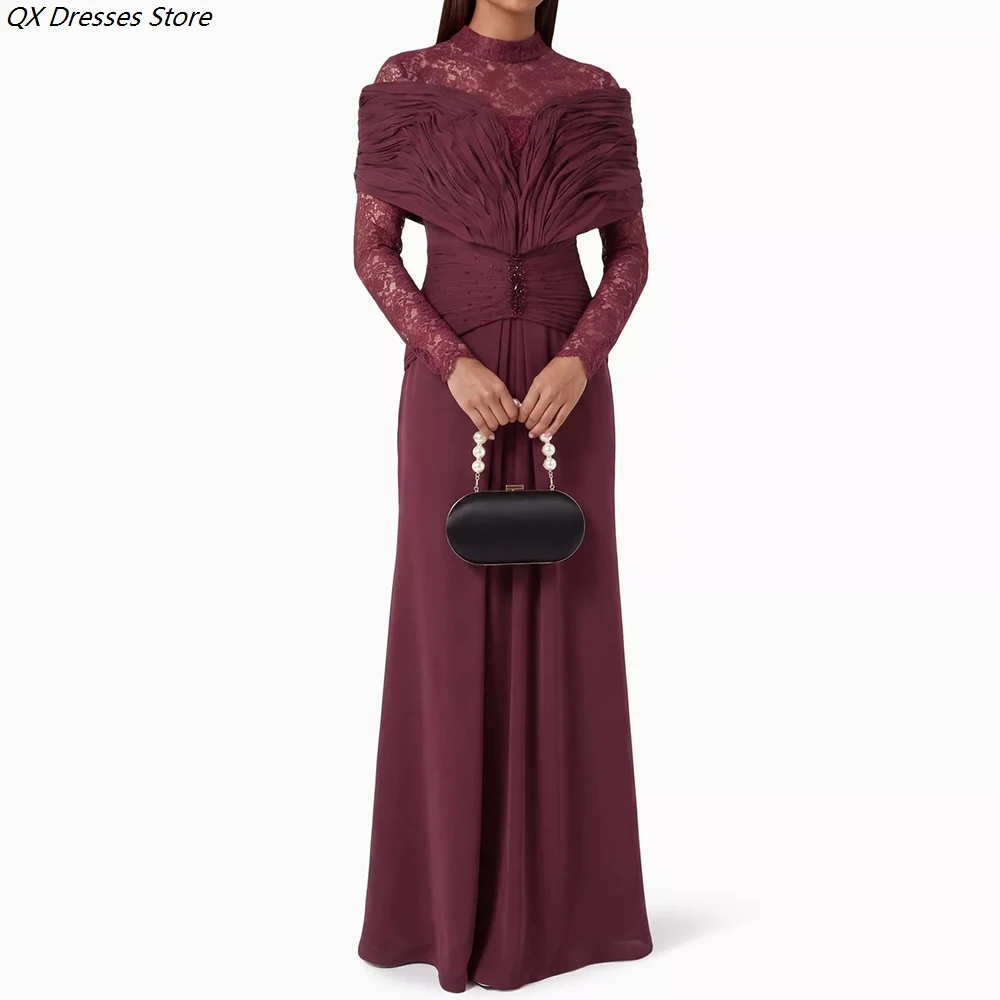 A-line Woman's Evening Dresses Floor-length High-neck Full Sleeve Prom Dresses Fashion Sequined Lace Pleat Customized Gowns