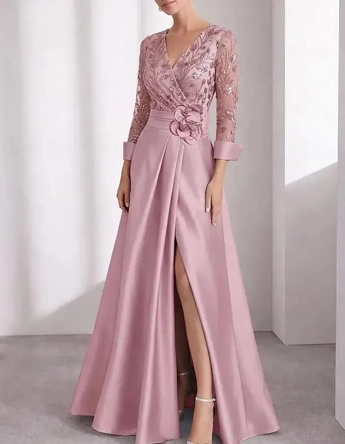 Customized Pink Satin & Sequin Mother of the Bride Dress V-Neck 3D Floral Maxi Dress A Line Satin Wedding Guest Gown
