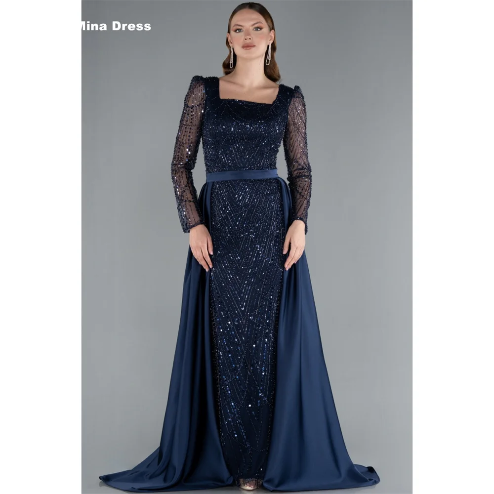 Mina Customized Navy Beaded Sequin Square Neck Long Sleeve Removable Prom Dress 2026 Dresses Gala Wedding and Evening Dresses