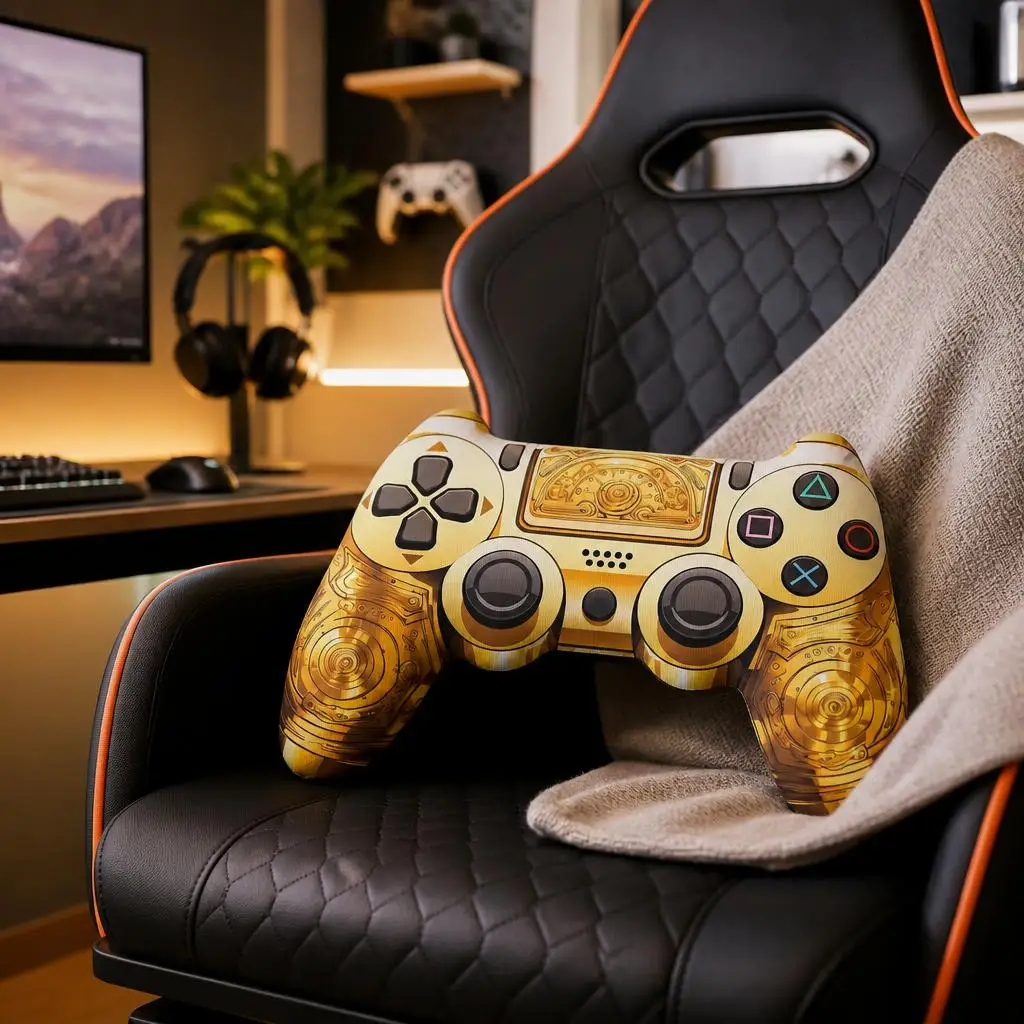 Stuffed Gold Gamepad Throw Pillow Shaped Video Game Controller Cushion Gamer Gift Decorative Sofa Accent Gaming Room Decor