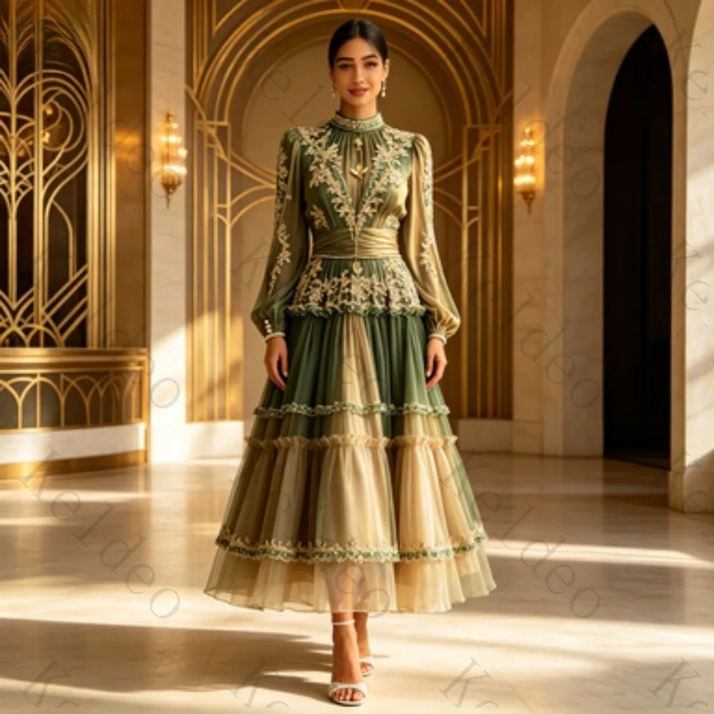 Customized High Neck A‑Line Midi Evening Dresses Puff Long Sleeve Lace Embroidery Tiered Ruffle Tulle Women Muslim Formal Gown